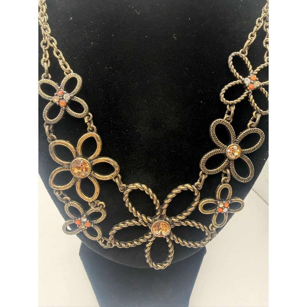 Vintage Avon NR Signed Statement Necklace Antiqued Brass Amber & Green